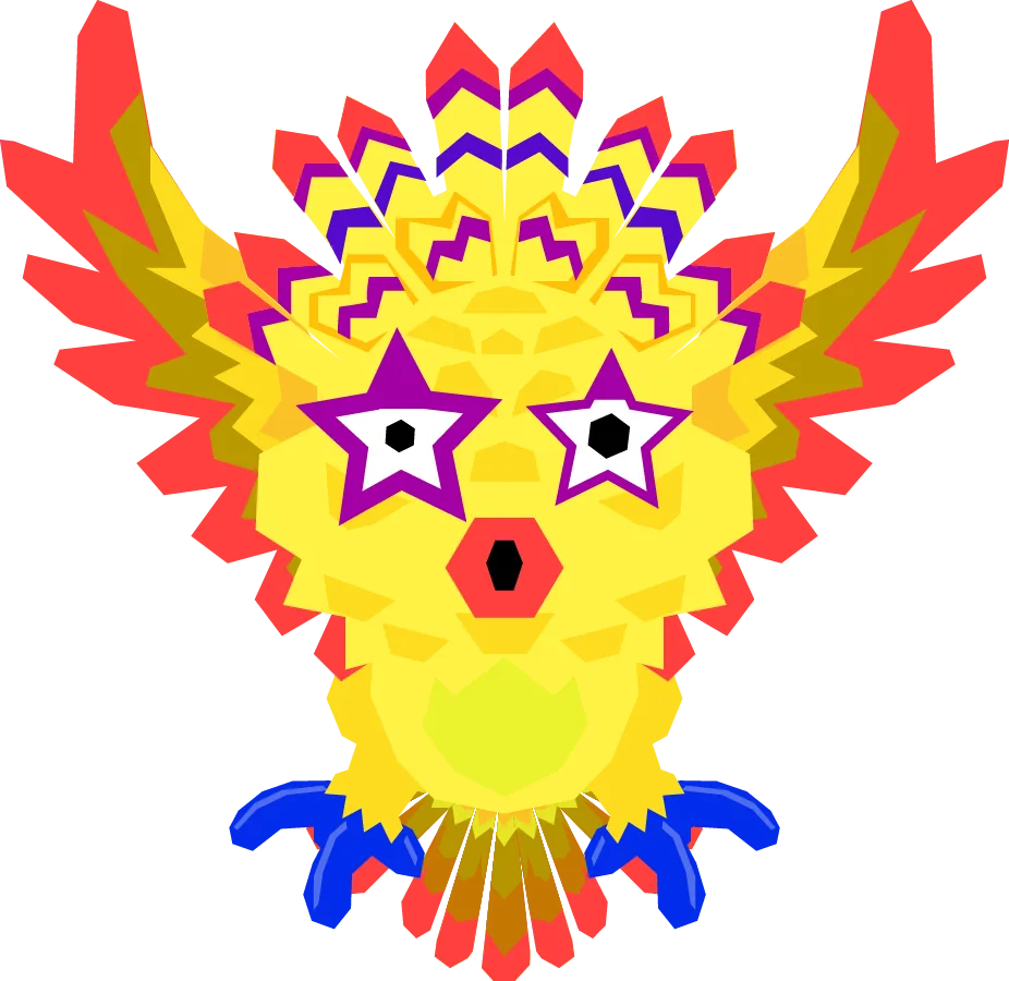 Yellow bird with star-shaped eyes and an open beak, wings spread