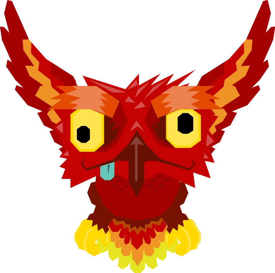 Red owl-like bird looking straight ahead with its tongue out, alternate frame