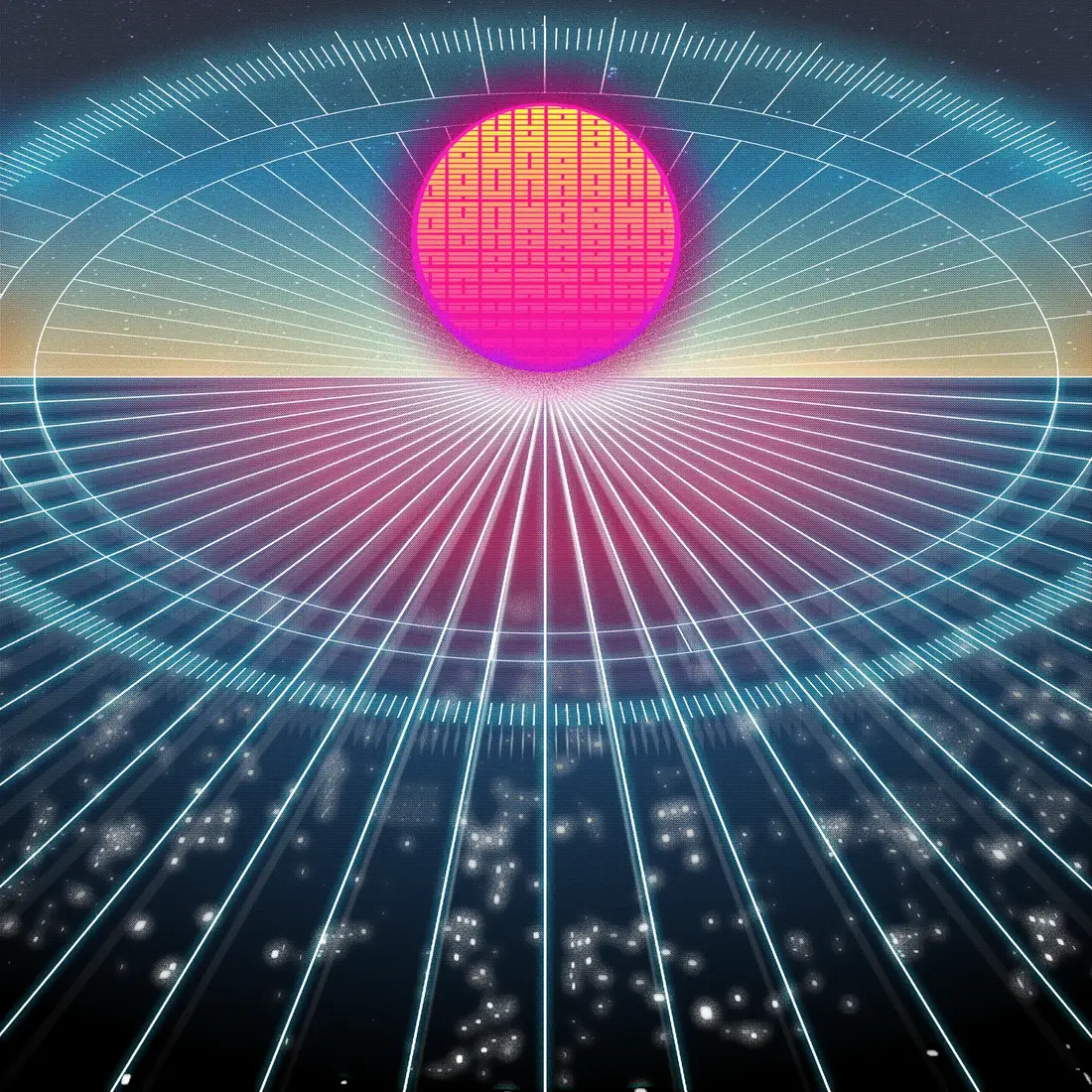 Full view of the synthwave illustration: a magenta sun with a gold pixel pattern rising over a glowing cyan grid and a starfield