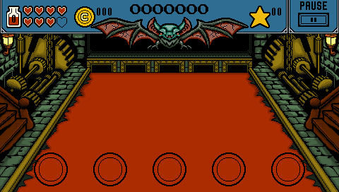 Rhythm game stage in pixel art: a red lane runs between golden carved walls toward a bat-winged boss gate, five target circles at the bottom