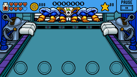 Teal factory stage with pipes and machinery on both sides and a row of creatures at the far end