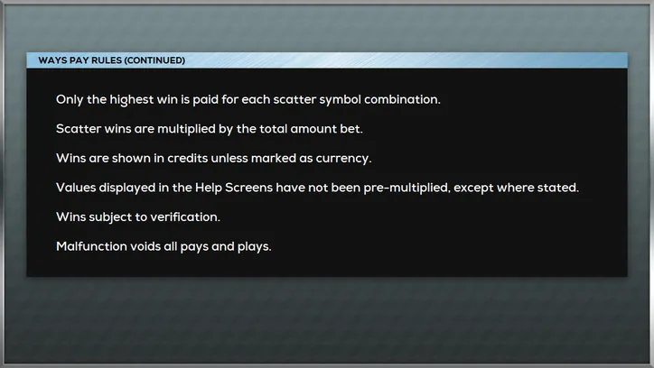 Game rules covering highest win per way, multipliers and malfunctions