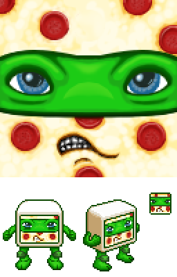 Cube Buddies avatar art: a green masked cube face with blue eyes on a pepperoni pizza background, above two small green cube characters