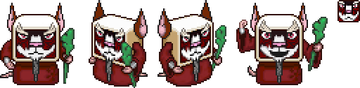 Row of red and white horned cube creature avatars holding green staffs, from the Cube Buddies sister game