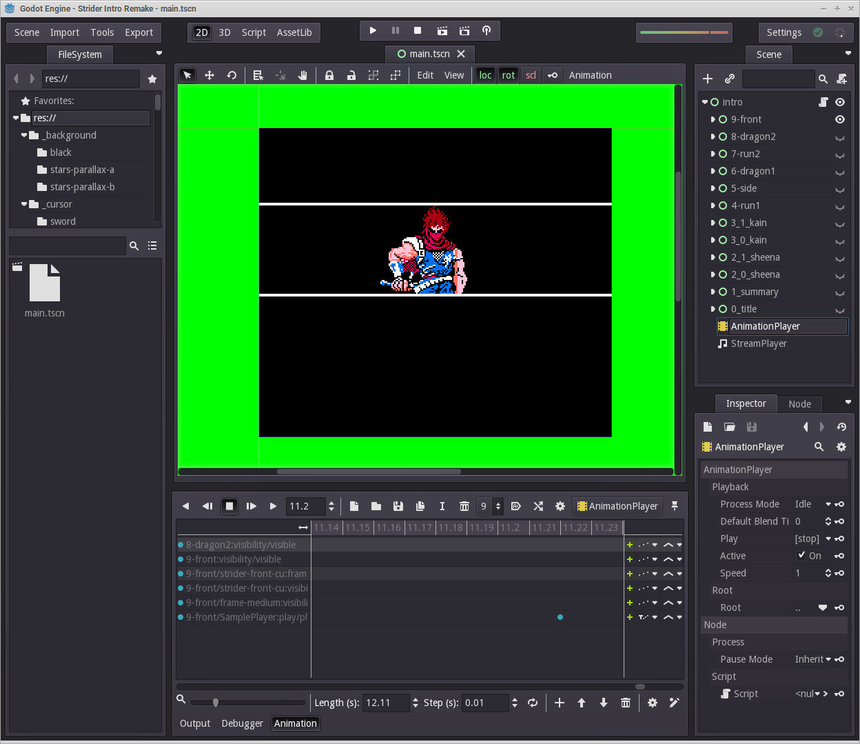 Screenshot of my Strider Hiryu intro sequence Godot Engine 2.1.4
workspace. Strider Hiryu is pictured sheathing his Cypher Blade.